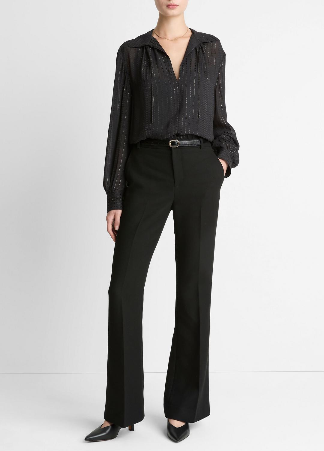 Metallic-Stripe Gathered Blouse in Long Sleeve BLACK | VINCE Women