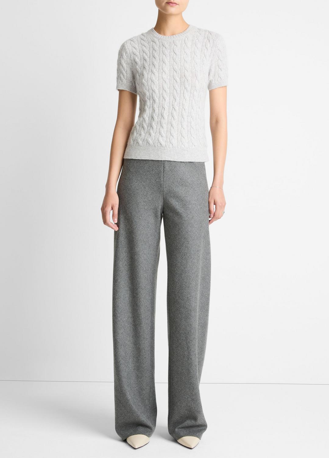 Cable-Knit Wool & Cashmere-Blend Short-Sleeve Sweater in Crew Neck HEATHER PALE GREY | VINCE Women