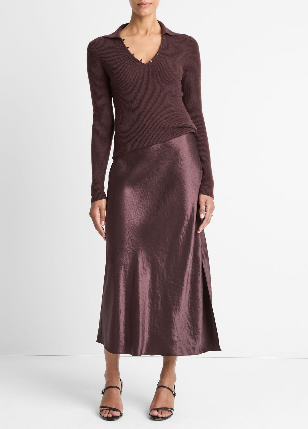 Ribbed Cashmere-Silk Polo Sweater in Cashmere FIG | VINCE Women