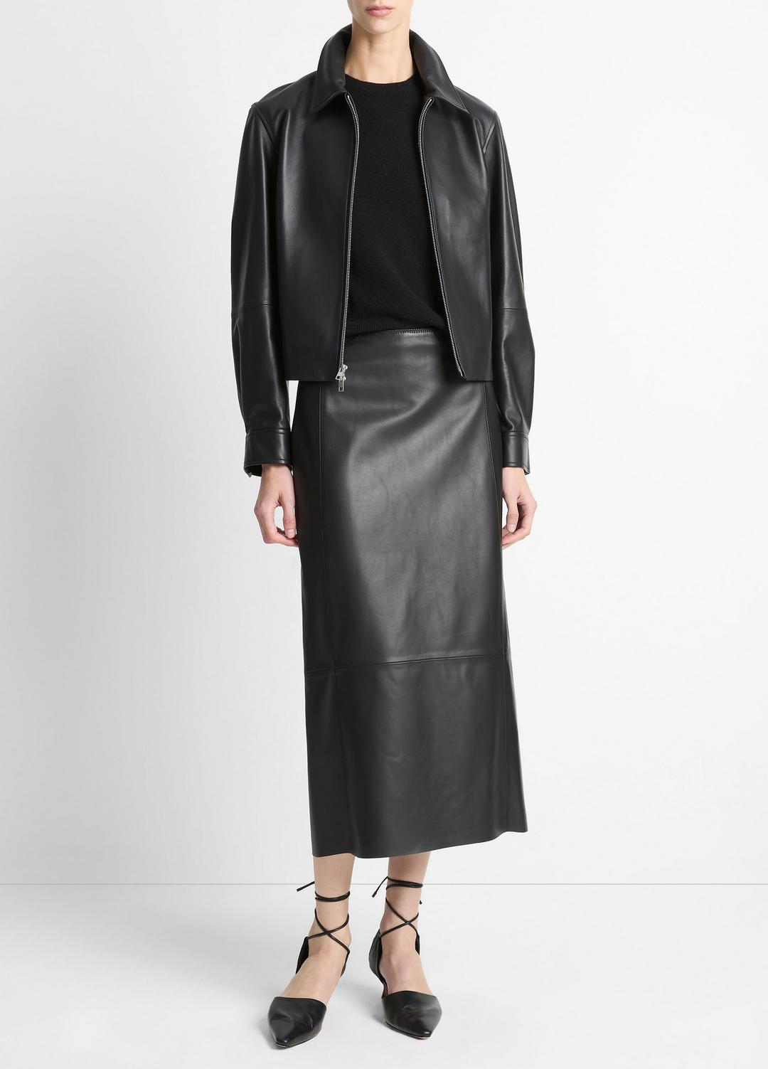 Leather Cropped Zip-Front Jacket in Jackets BLACK | VINCE Women
