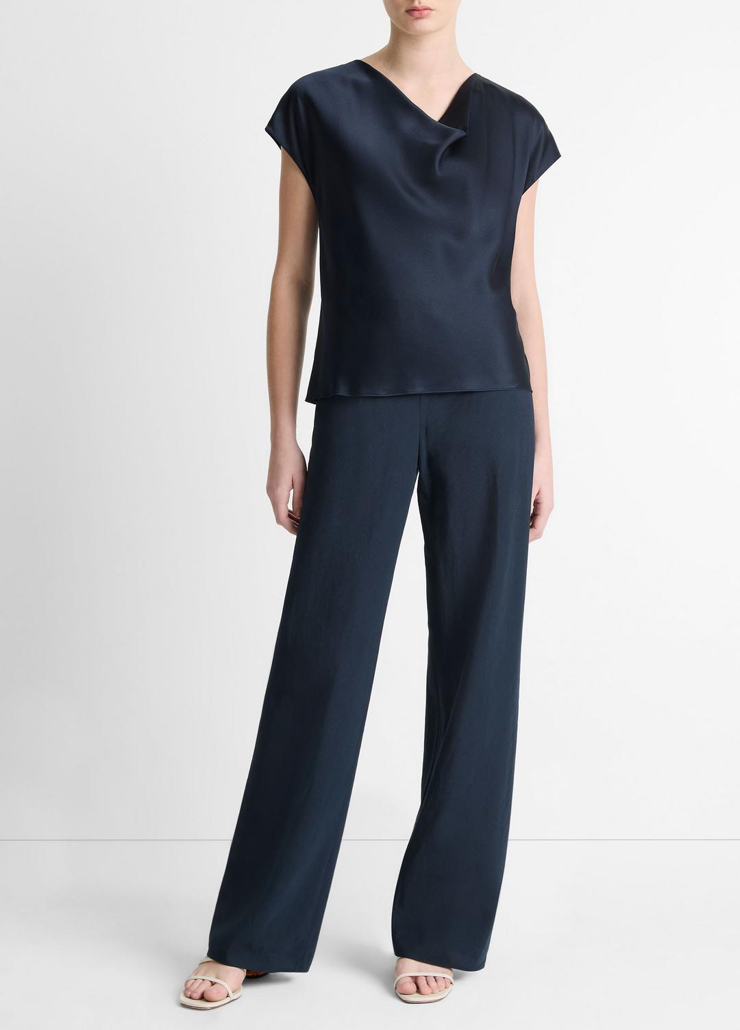 Silk Cowl-Neck Blouse in Short Sleeve COASTAL BLUE | VINCE Women