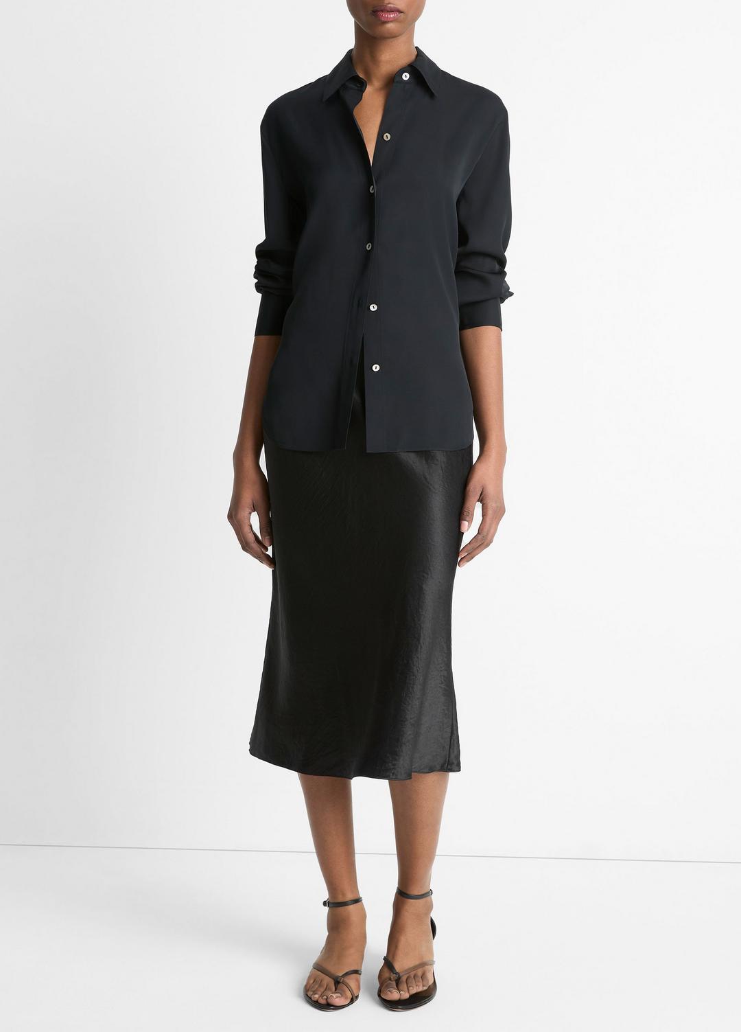 Stretch-Silk Button-Front Blouse in Long Sleeve BLACK | VINCE Women