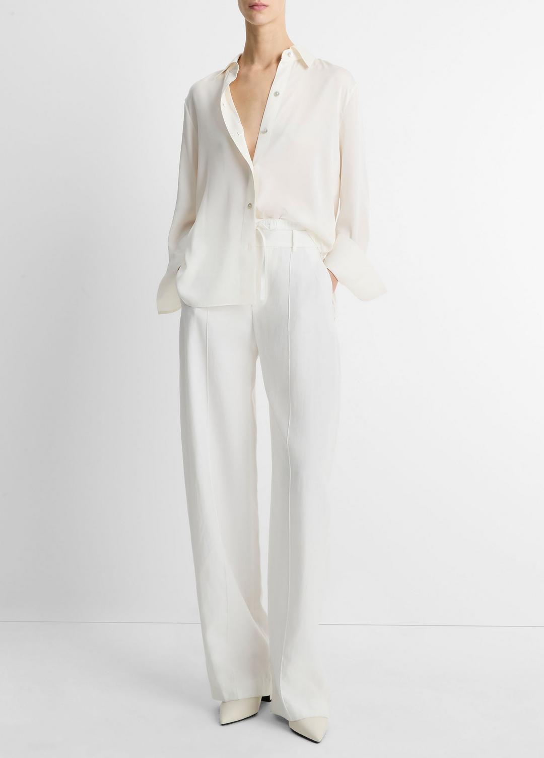 Stretch-Silk Button-Front Blouse in Long Sleeve OFF WHITE | VINCE Women