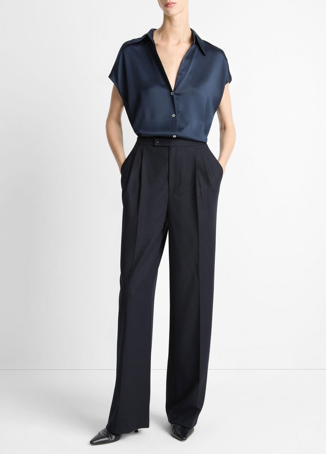 Silk Cap-Sleeve Ruched-Back Blouse in Short Sleeve COASTAL BLUE | VINCE Women