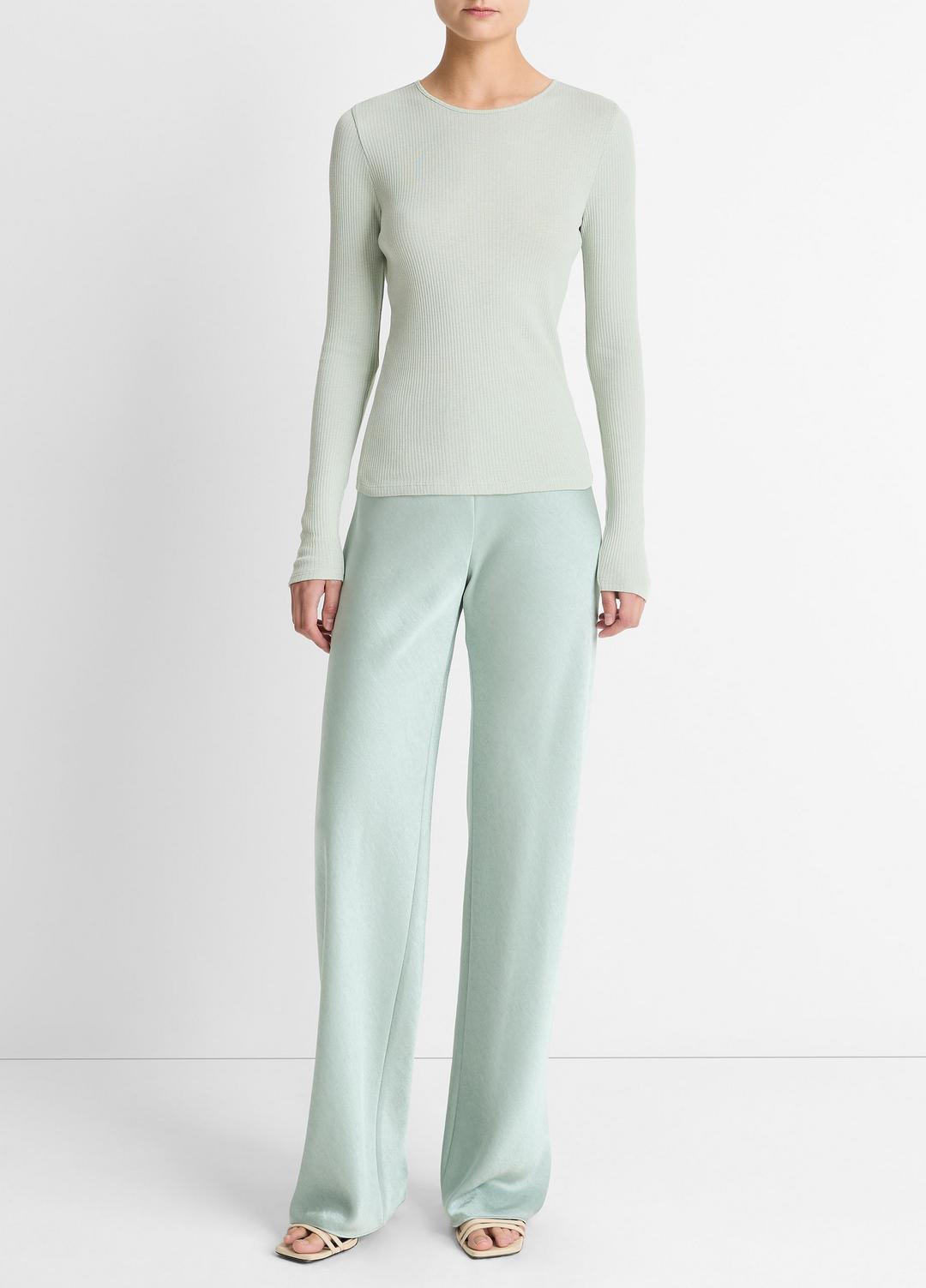 Ribbed Pima Cotton Long-Sleeve T-Shirt in Long Sleeve LIGHT ALOE STONE | VINCE Women