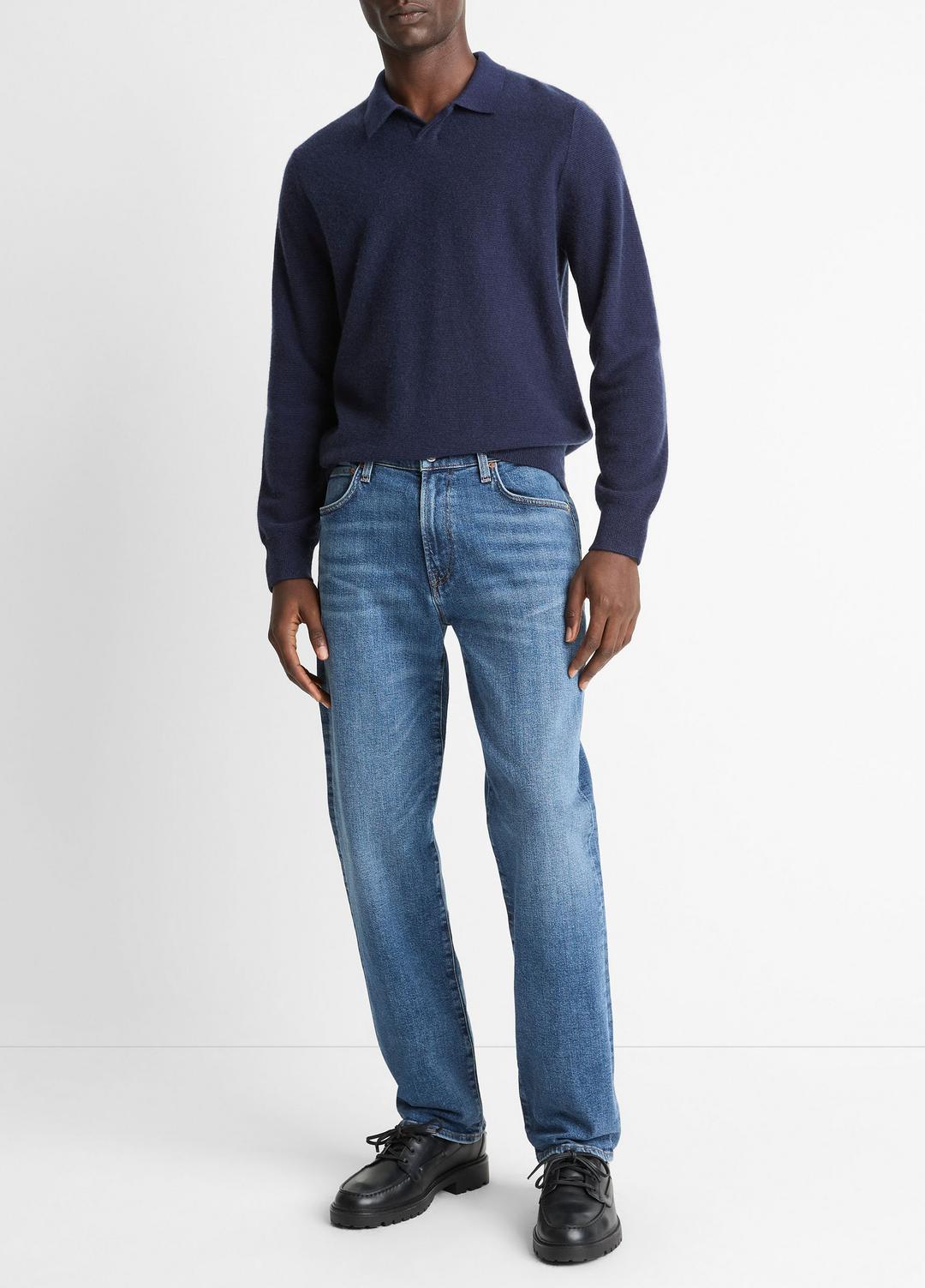 Feed Stripe Plush Cashmere Johnny-Collar Sweater in Cashmere COASTAL BLUE/DARK SAPPHIRE | VINCE Men