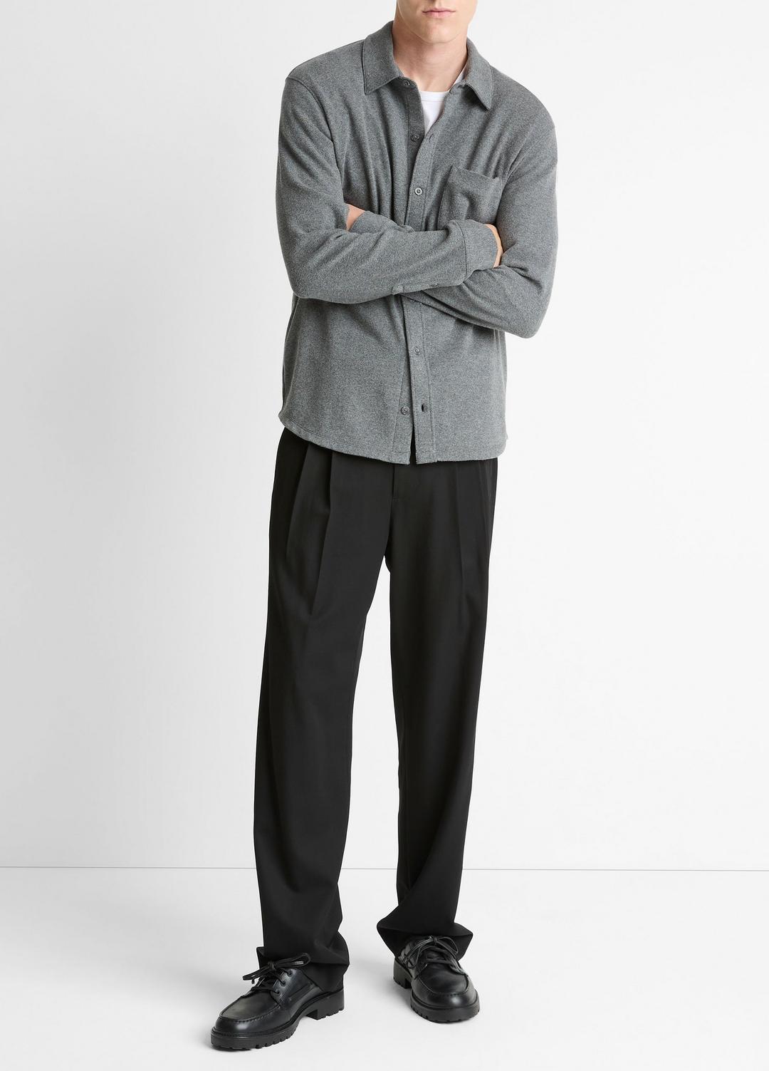 Knit Cotton-Blend Button-Front Shirt in Long Sleeve MEDIUM HEATHER GREY | VINCE Men
