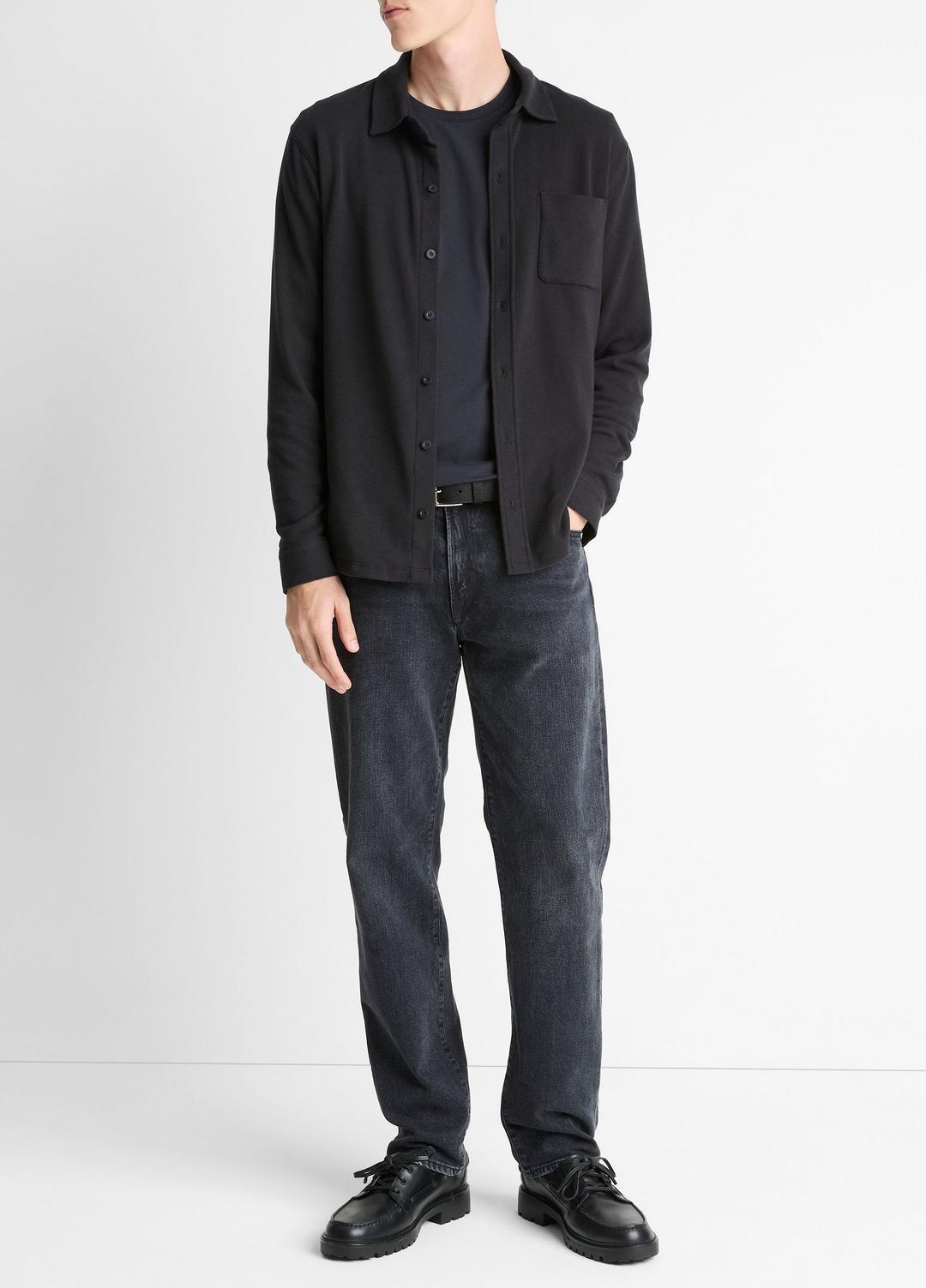 Knit Cotton-Blend Button-Front Shirt in Long Sleeve BLACK | VINCE Men