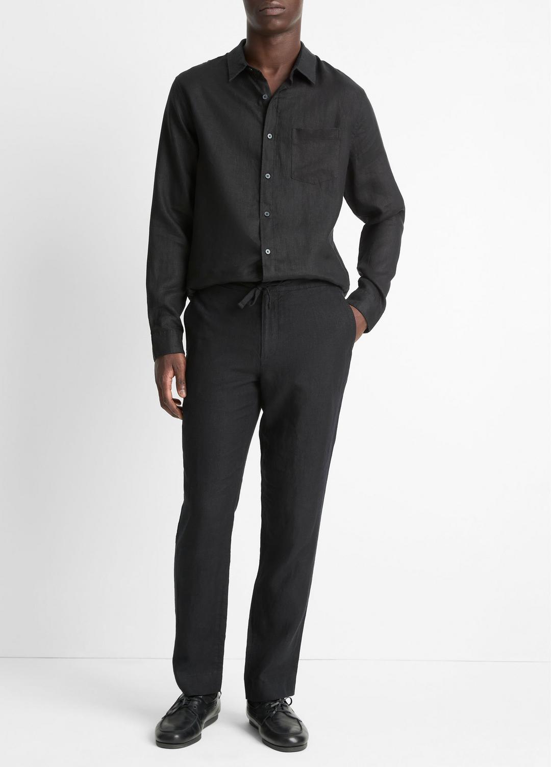 Linen Long-Sleeve Shirt in Long Sleeve BLACK | VINCE Men
