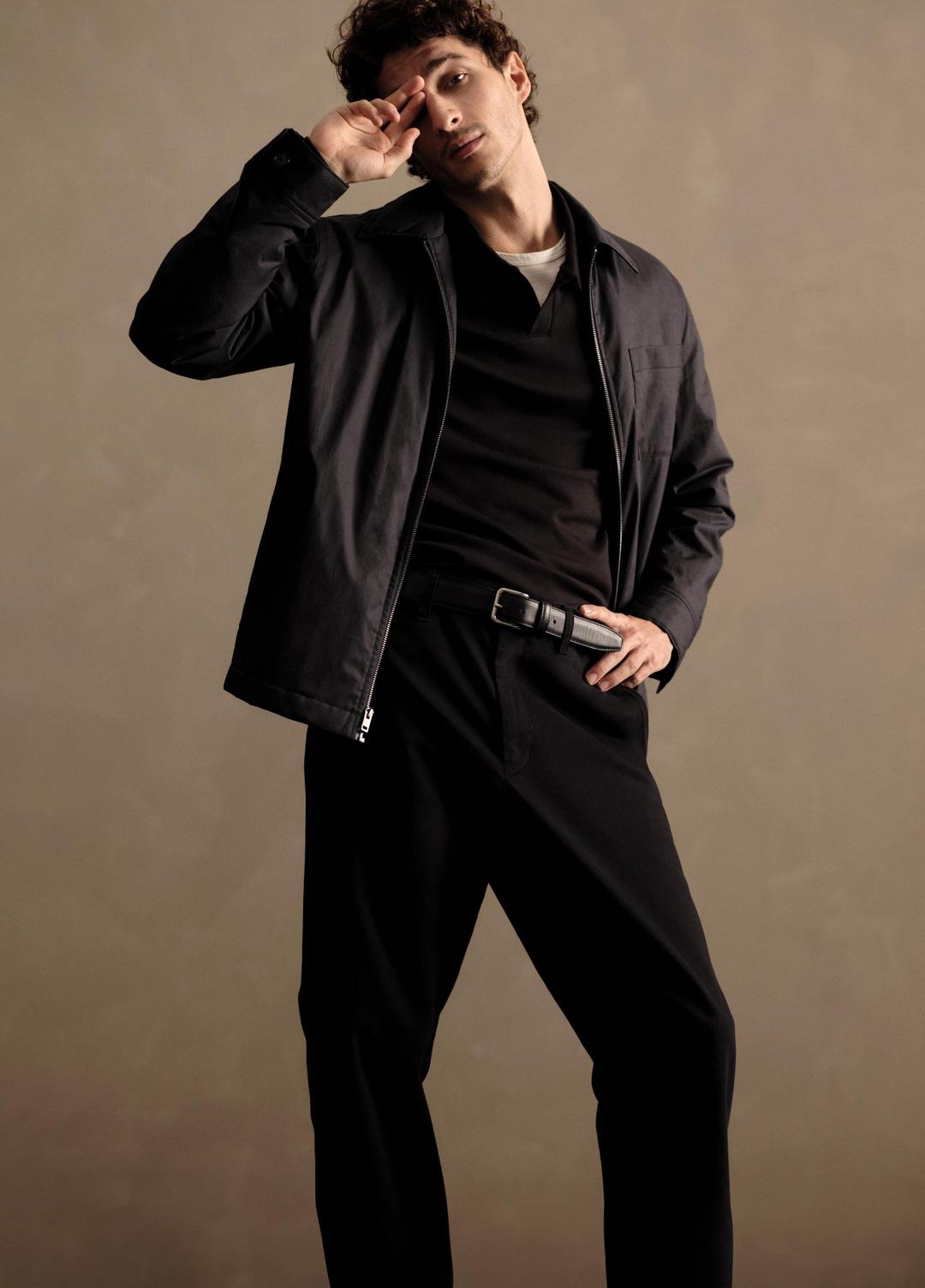 Milano Pima Cotton-Blend Johnny-Collar Shirt in Long Sleeve BLACK | VINCE Men