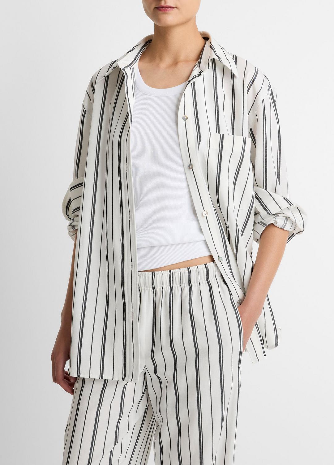 Resort Stripe Oversized Button-Front Shirt in Long Sleeve WHITE/BLACK | VINCE Women