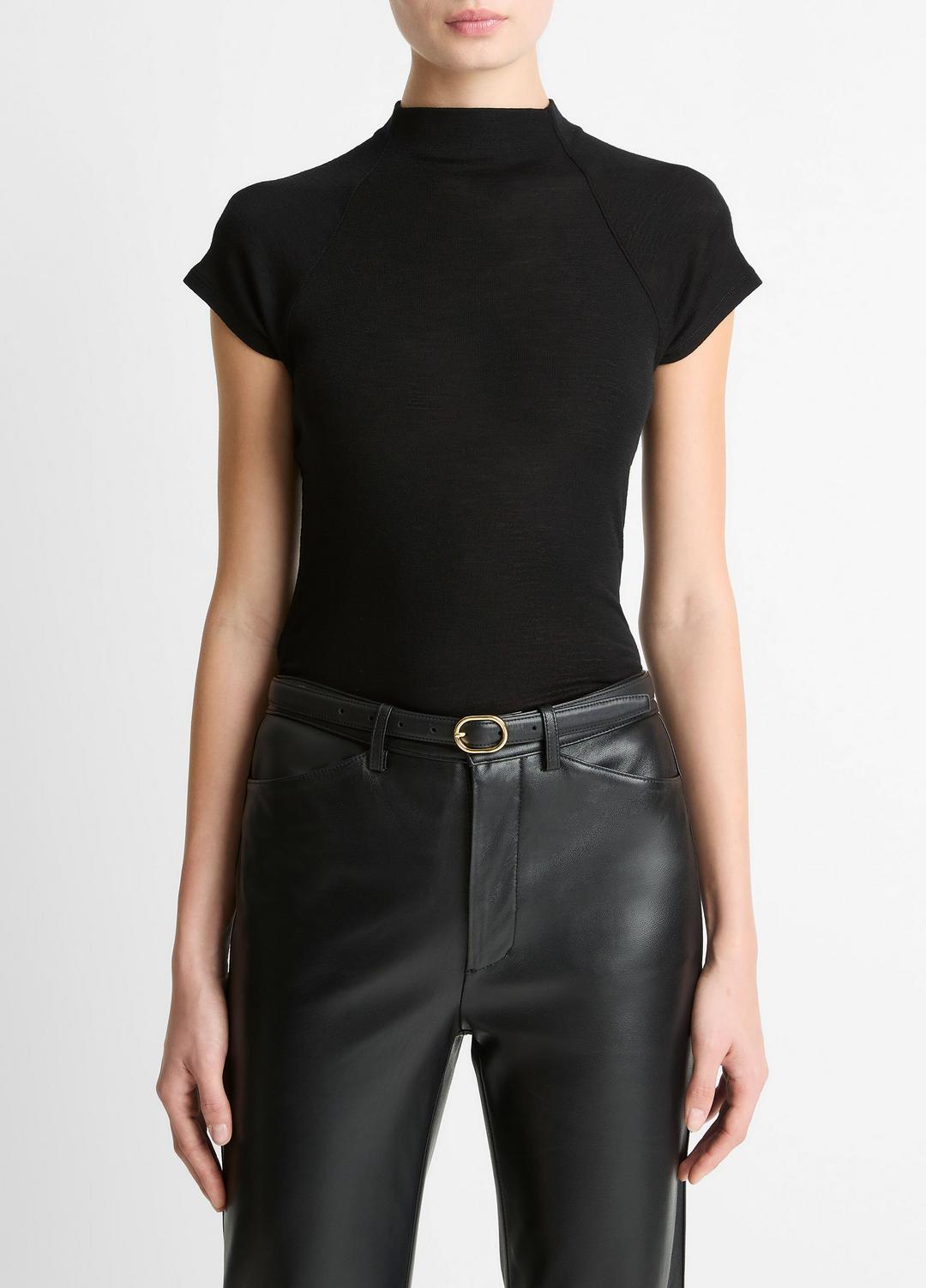 Wool Raglan Cap-Sleeve Mock-Neck Top in Short Sleeve BLACK | VINCE Women