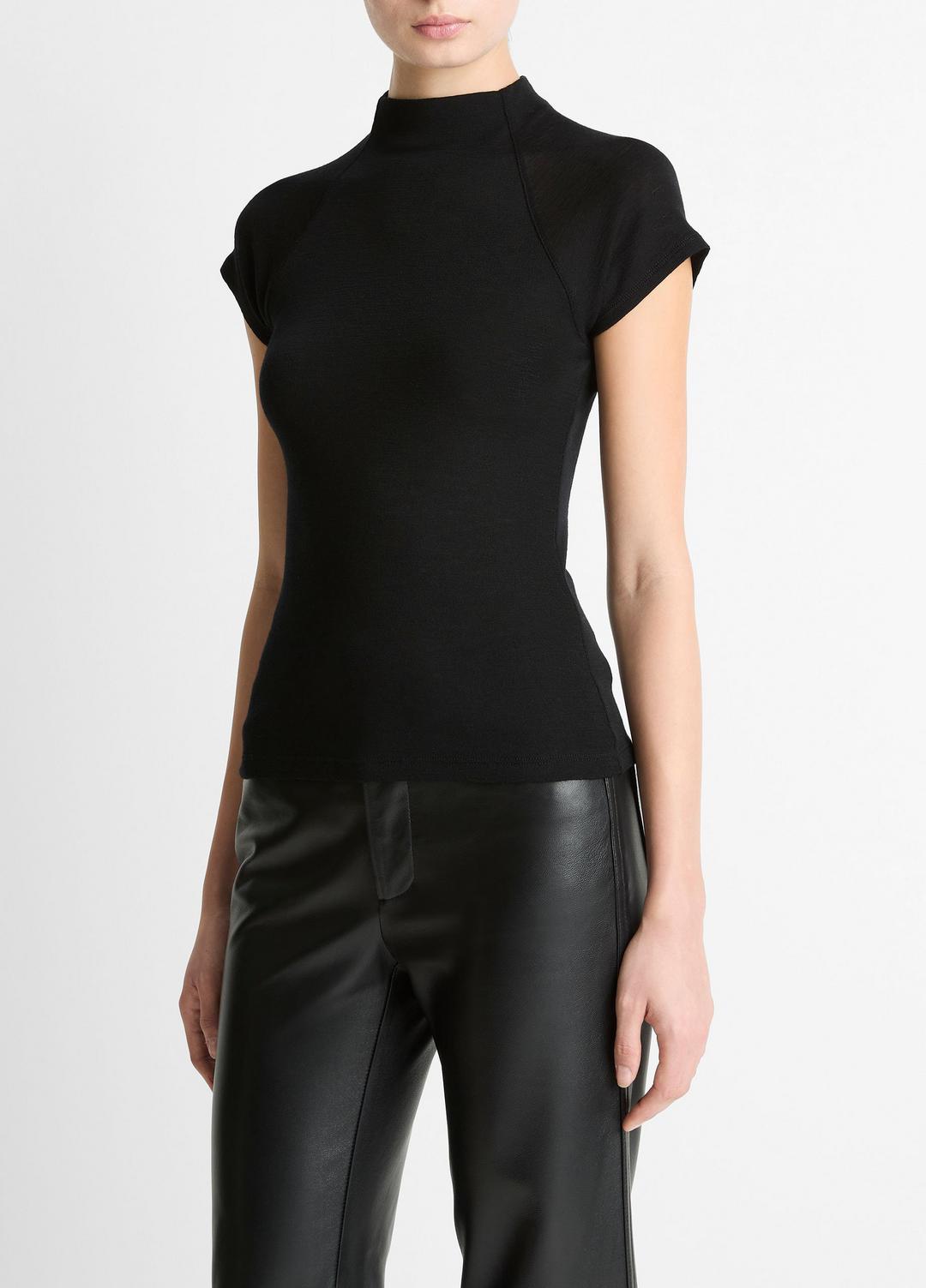 Wool Raglan Cap-Sleeve Mock-Neck Top in Short Sleeve BLACK | VINCE Women