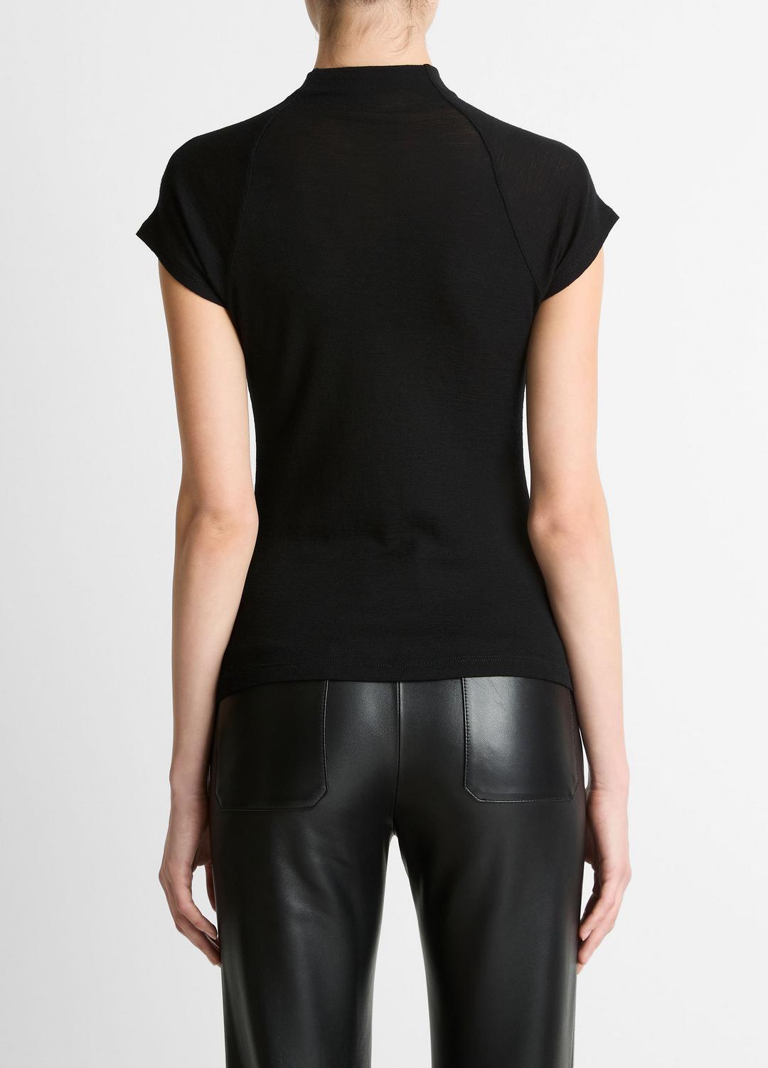 Wool Raglan Cap-Sleeve Mock-Neck Top in Short Sleeve BLACK | VINCE Women