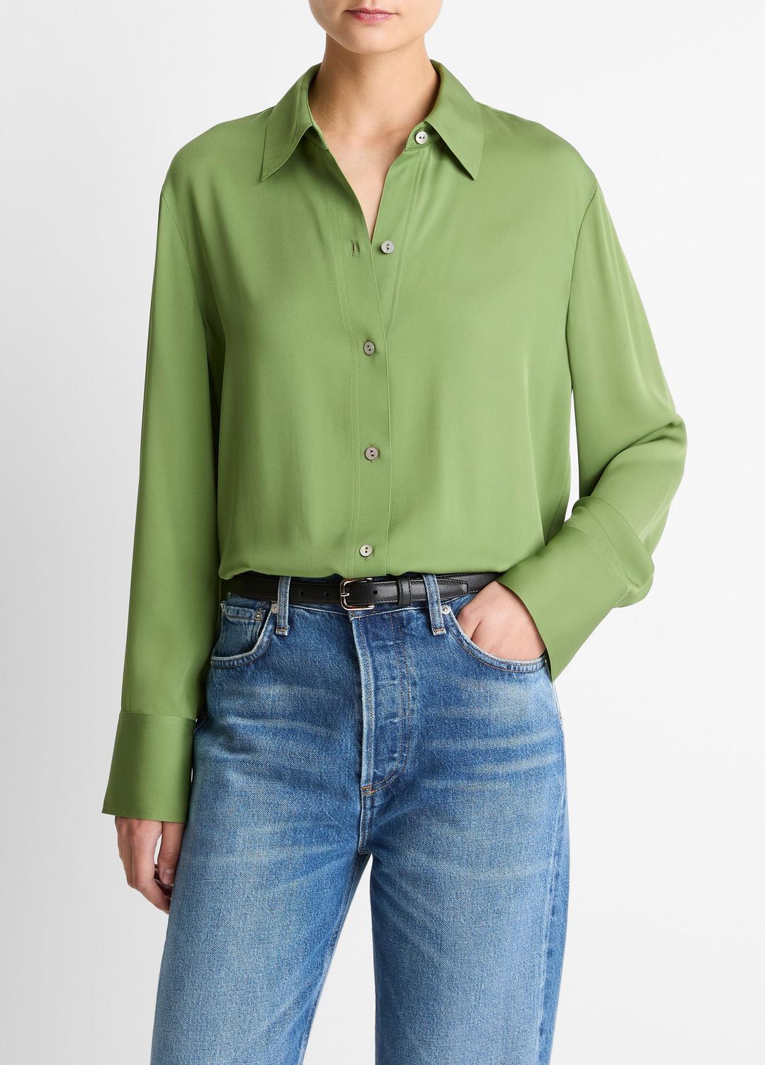 Stretch-Silk Button-Front Blouse in Long Sleeve CLOVER | VINCE Women
