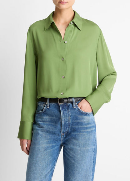 Stretch-Silk Button-Front Blouse in Long Sleeve CLOVER | VINCE Women