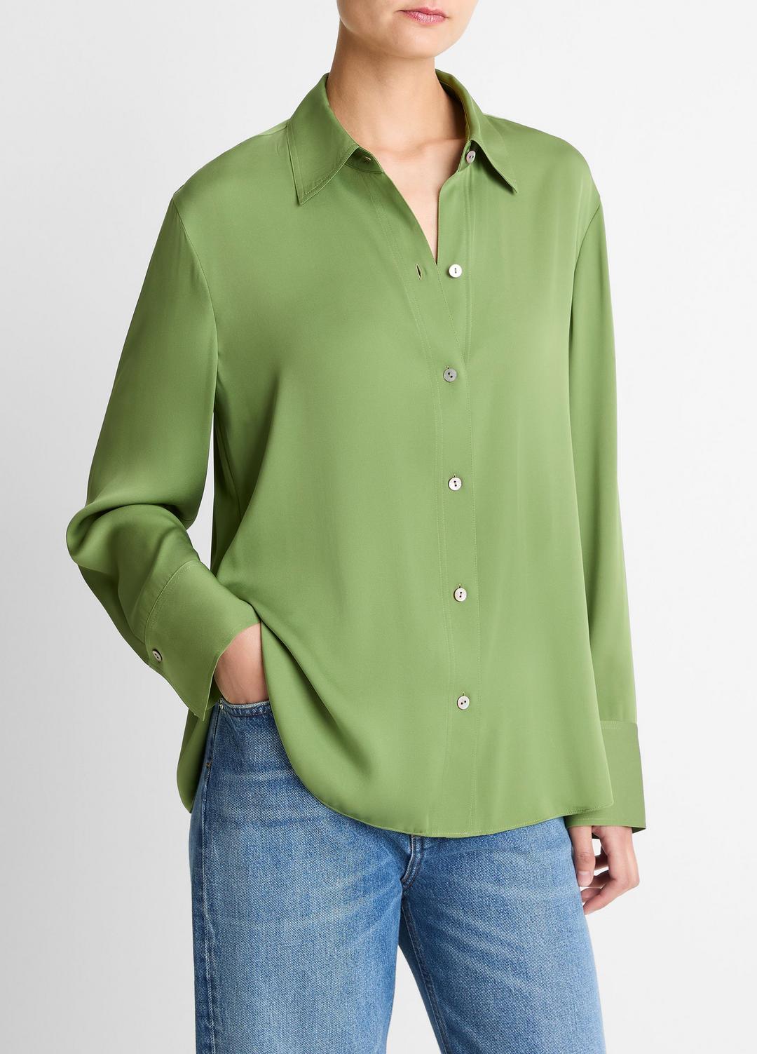 Stretch-Silk Button-Front Blouse in Long Sleeve CLOVER | VINCE Women