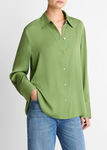 Stretch-Silk Button-Front Blouse in Long Sleeve CLOVER | VINCE Women