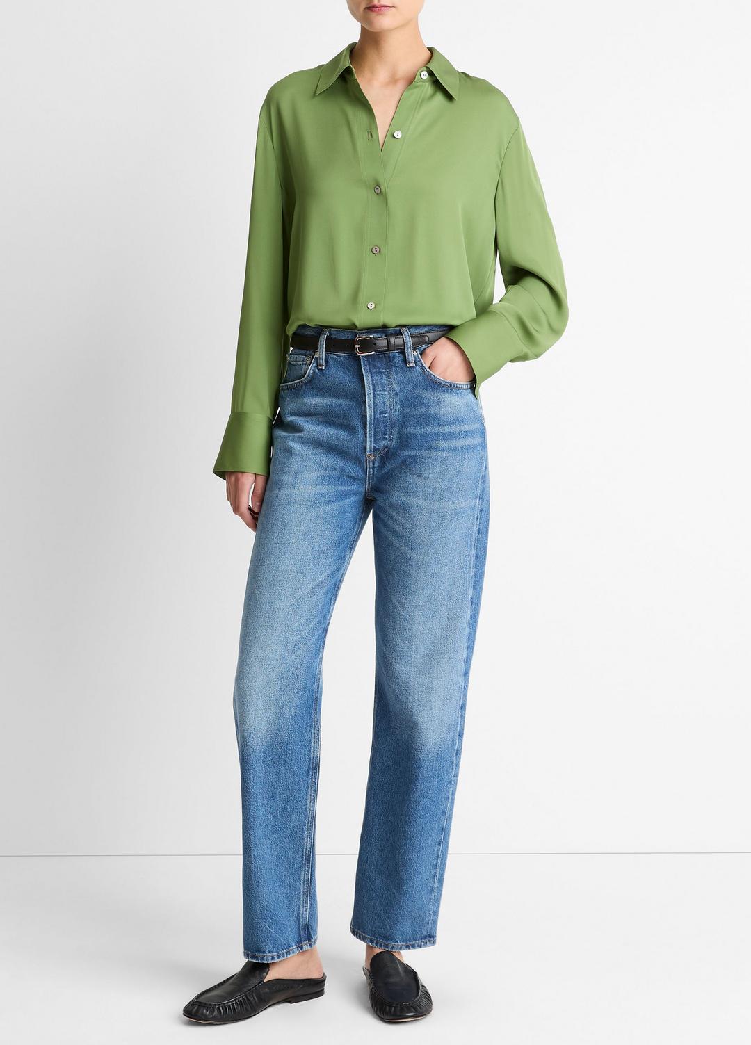 Stretch-Silk Button-Front Blouse in Long Sleeve CLOVER | VINCE Women