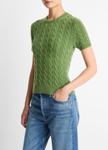 Cable-Knit Wool & Cashmere-Blend Short-Sleeve Sweater in Crew Neck CLOVER | VINCE Women