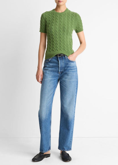Cable-Knit Wool & Cashmere-Blend Short-Sleeve Sweater in Crew Neck CLOVER | VINCE Women