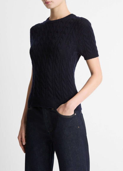 Cable-Knit Wool & Cashmere-Blend Short-Sleeve Sweater in Crew Neck COASTAL BLUE | VINCE Women