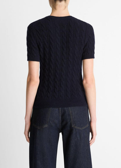 Cable-Knit Wool & Cashmere-Blend Short-Sleeve Sweater in Crew Neck COASTAL BLUE | VINCE Women