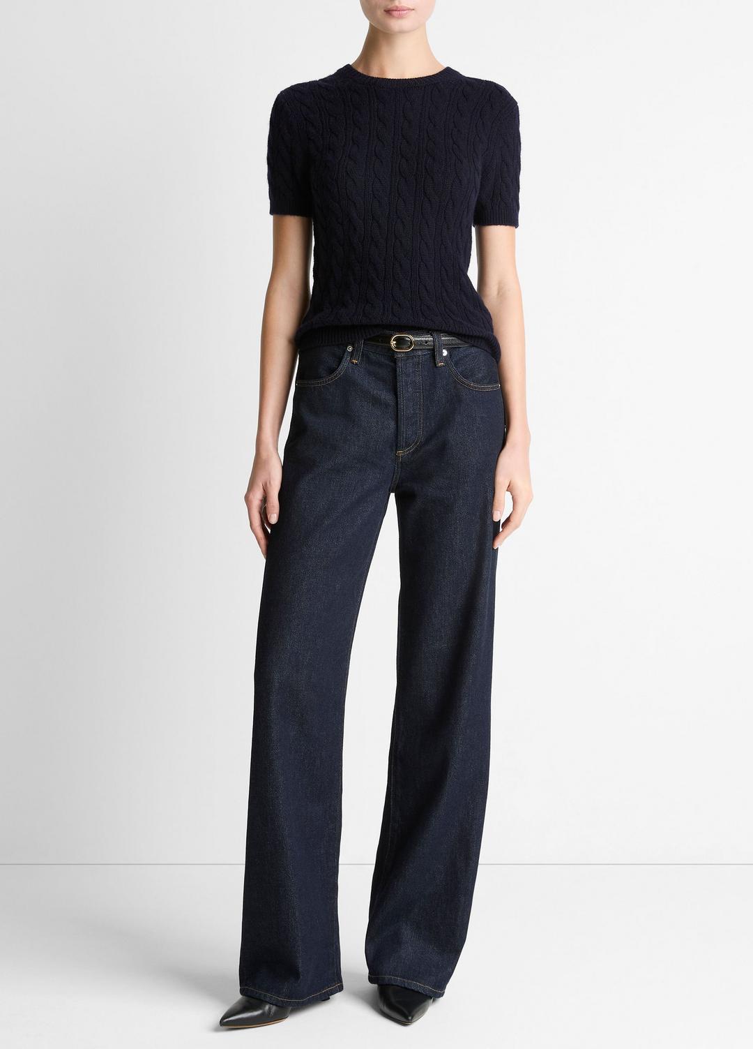 Cable-Knit Wool & Cashmere-Blend Short-Sleeve Sweater in Crew Neck COASTAL BLUE | VINCE Women
