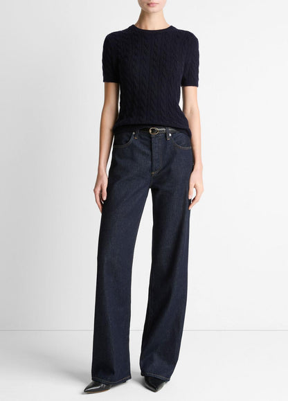 Cable-Knit Wool & Cashmere-Blend Short-Sleeve Sweater in Crew Neck COASTAL BLUE | VINCE Women