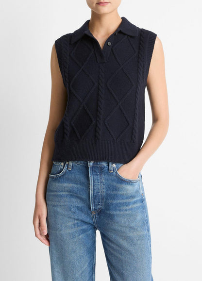 Cable-Knit Wool & Cotton-Blend Sweater Vest in V-Neck COASTAL BLUE | VINCE Women