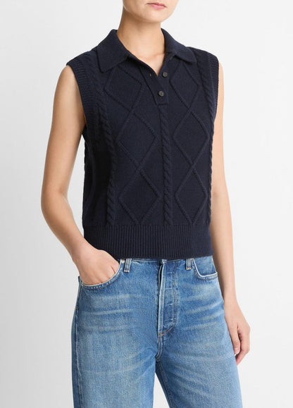 Cable-Knit Wool & Cotton-Blend Sweater Vest in V-Neck COASTAL BLUE | VINCE Women
