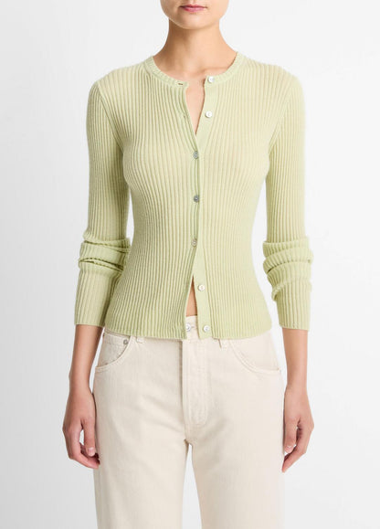 Ribbed Cashmere-Silk Cardigan in Cardigans PALE FERN | VINCE Women