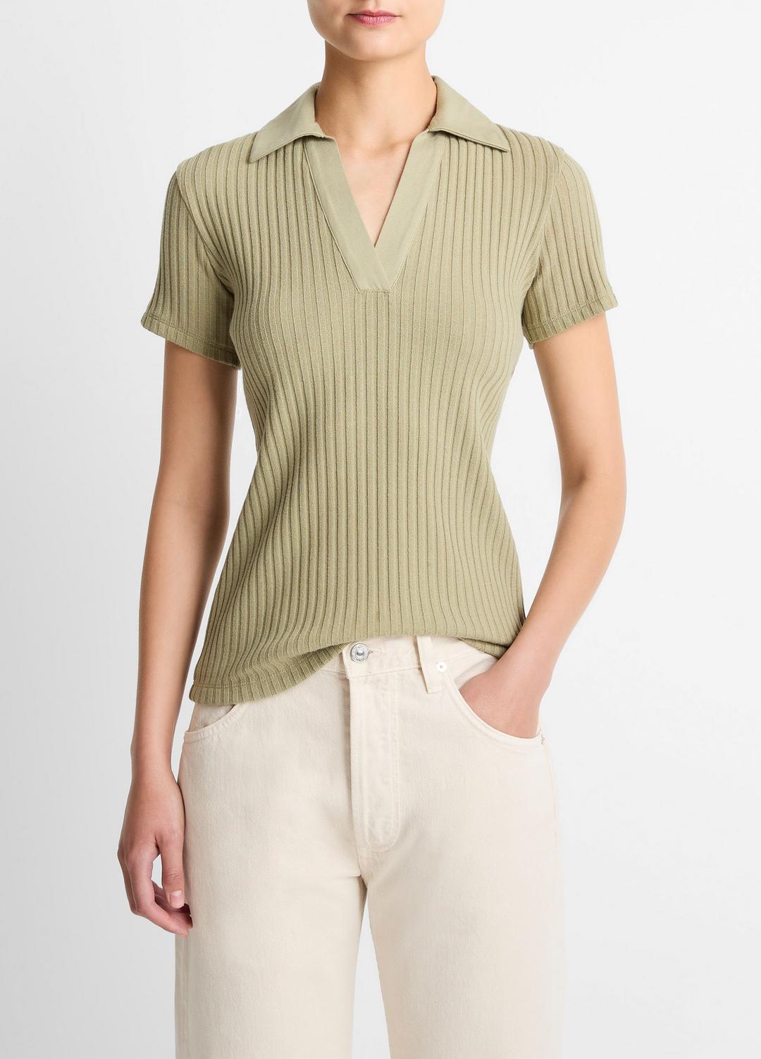Ribbed Cotton-Blend Polo Shirt in Short Sleeve OLIVE STONE | VINCE Women