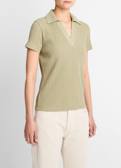 Ribbed Cotton-Blend Polo Shirt in Short Sleeve OLIVE STONE | VINCE Women