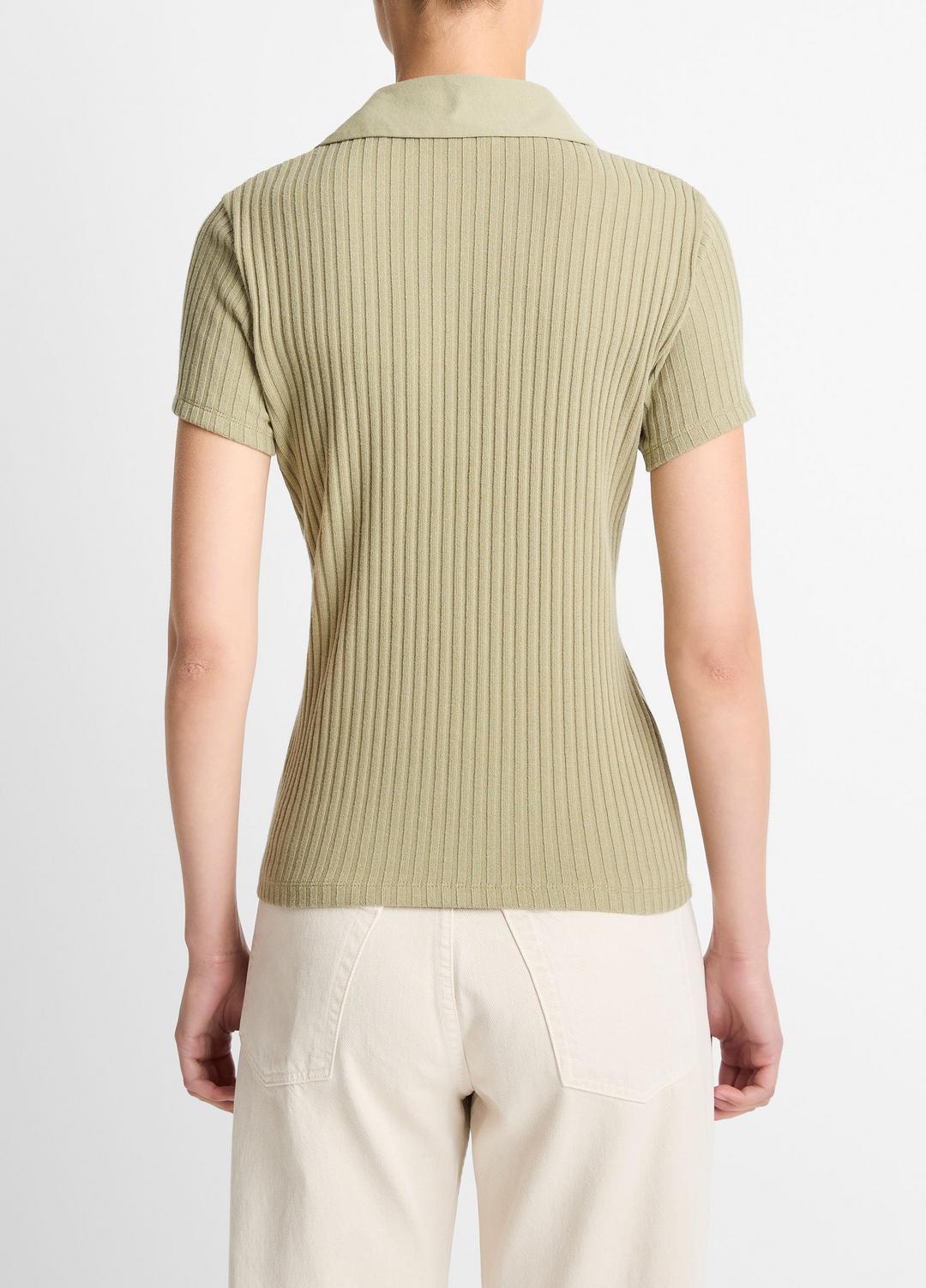 Ribbed Cotton-Blend Polo Shirt in Short Sleeve OLIVE STONE | VINCE Women