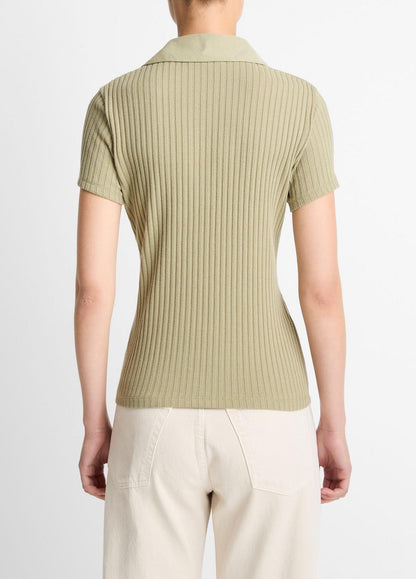 Ribbed Cotton-Blend Polo Shirt in Short Sleeve OLIVE STONE | VINCE Women