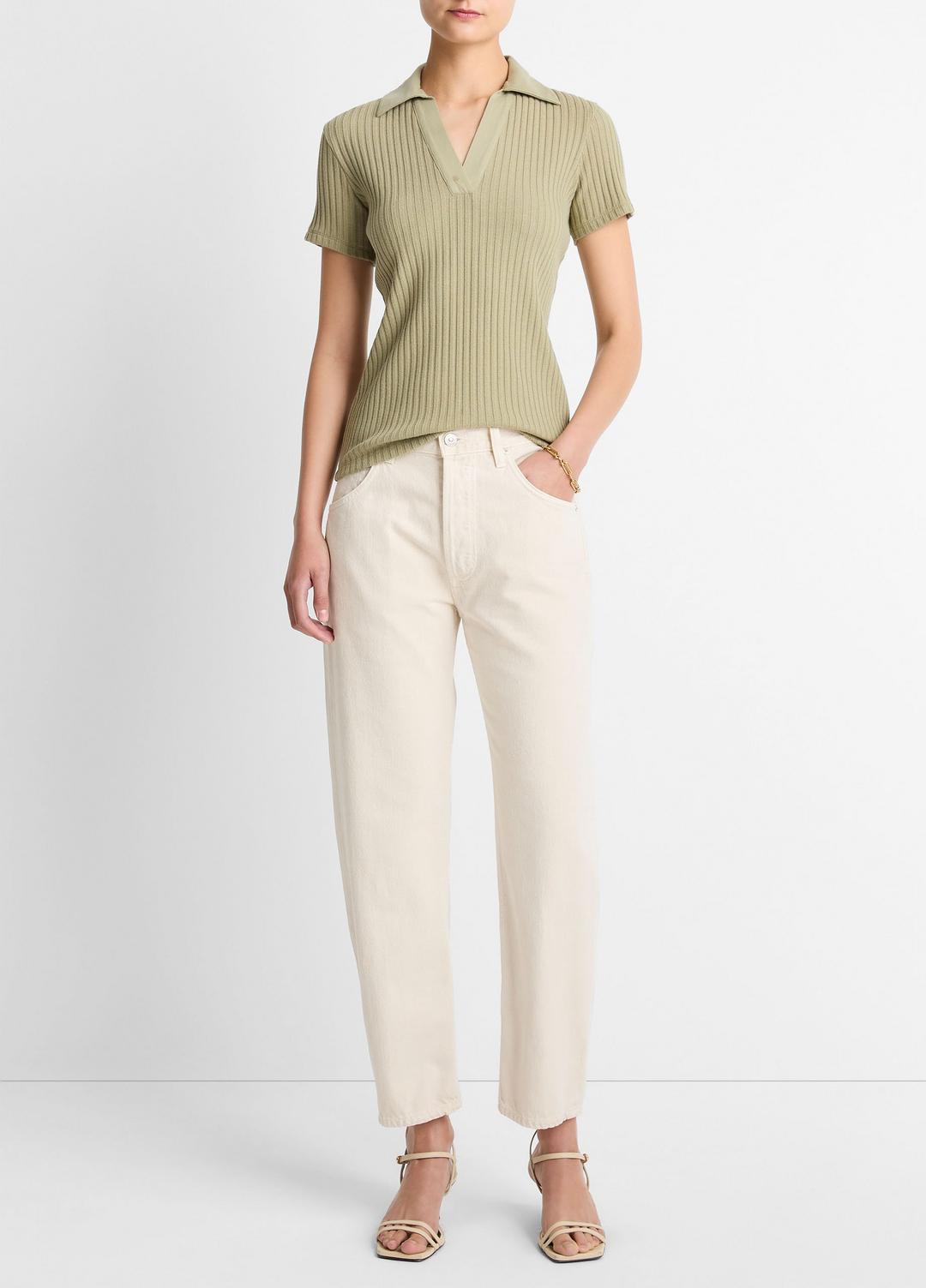 Ribbed Cotton-Blend Polo Shirt in Short Sleeve OLIVE STONE | VINCE Women