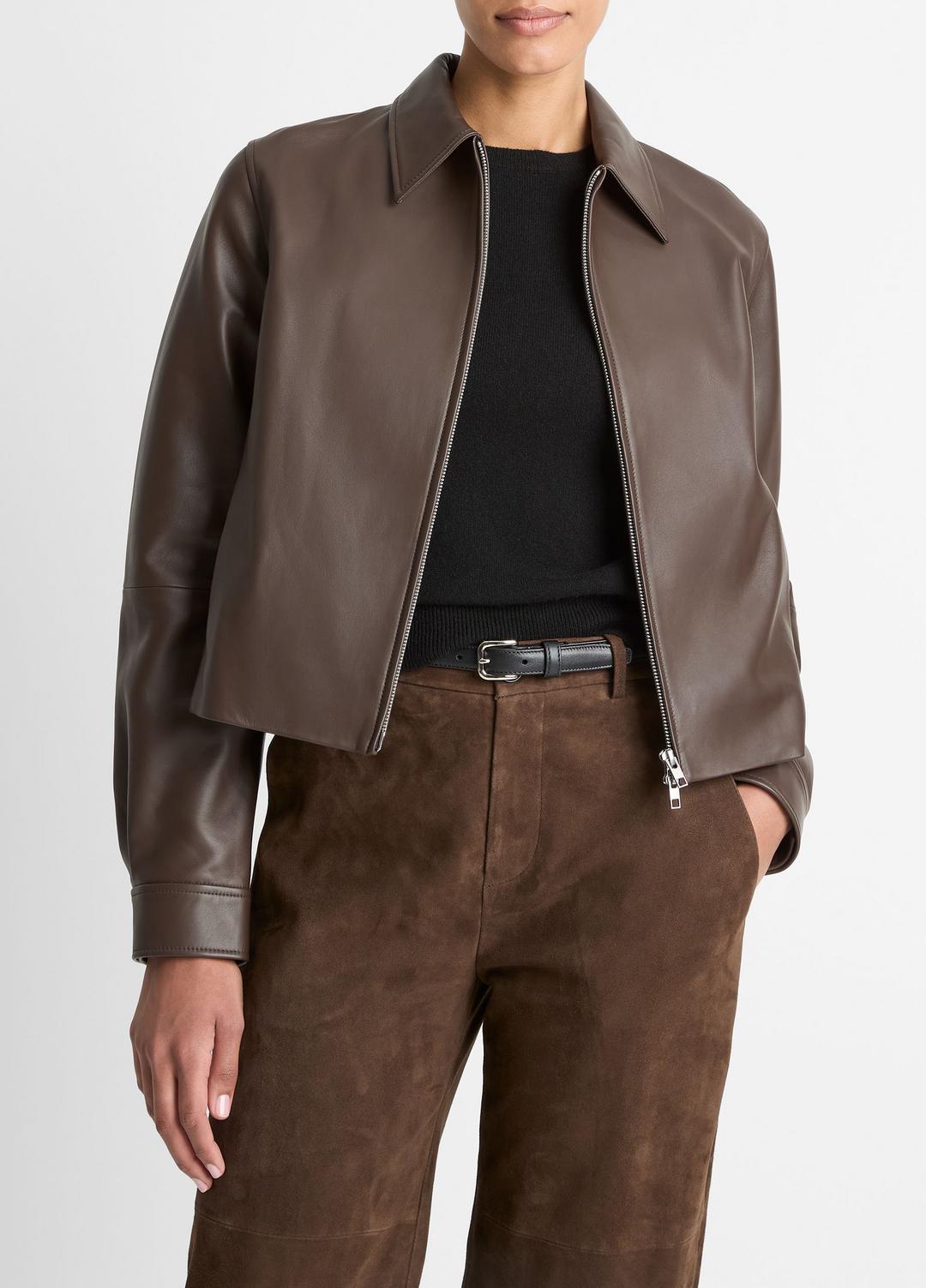 Leather Cropped Zip-Front Jacket in Leather Jackets CHOCOLATE | VINCE Women