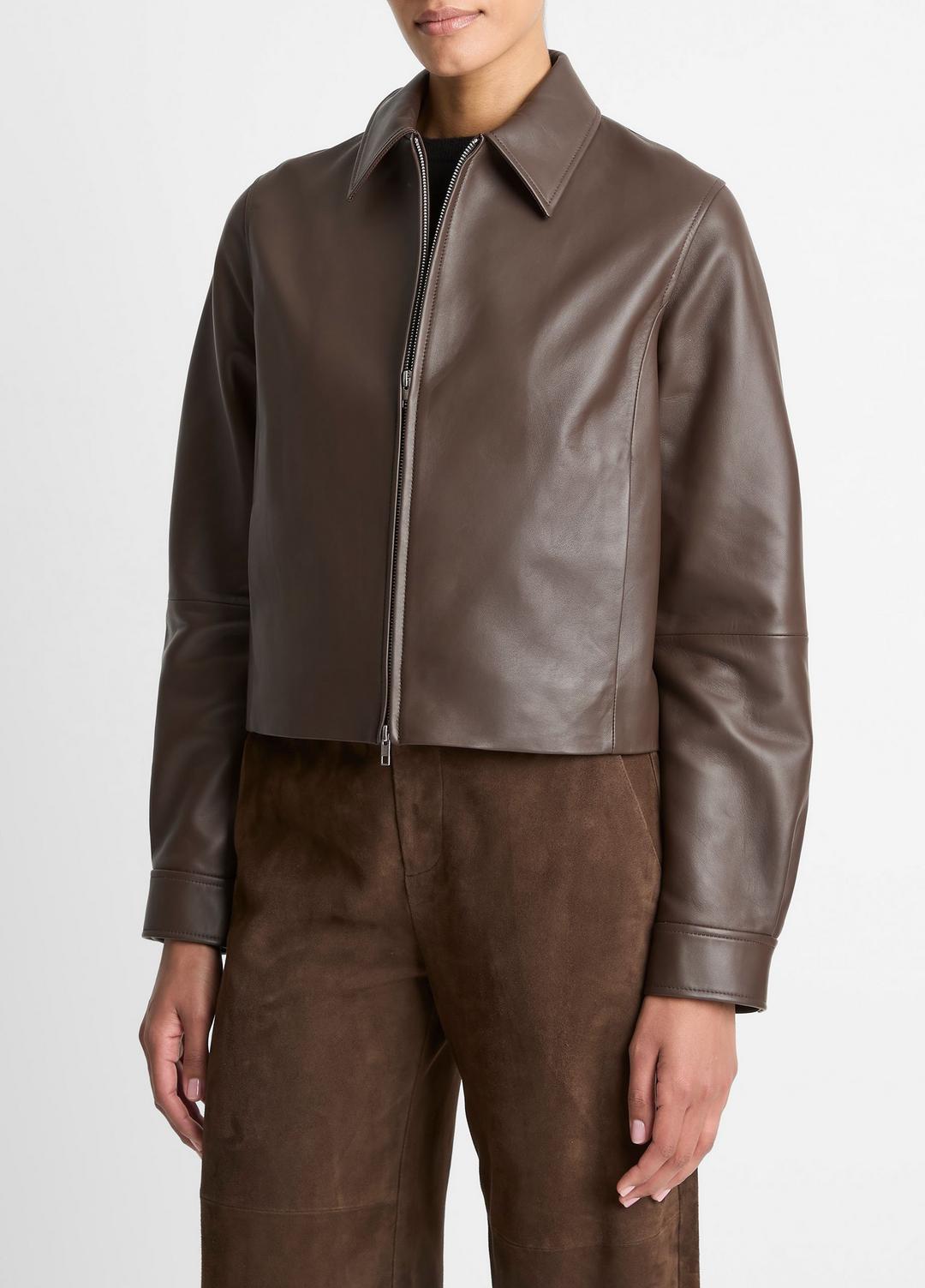 Leather Cropped Zip-Front Jacket in Leather Jackets CHOCOLATE | VINCE Women