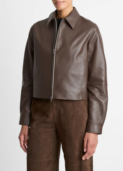 Leather Cropped Zip-Front Jacket in Leather Jackets CHOCOLATE | VINCE Women