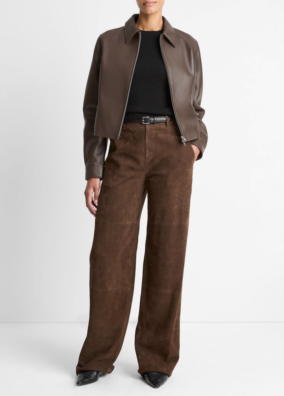 Leather Cropped Zip-Front Jacket in Leather Jackets CHOCOLATE | VINCE Women