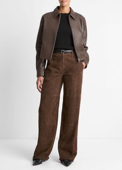 Leather Cropped Zip-Front Jacket in Leather Jackets CHOCOLATE | VINCE Women