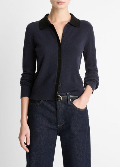 Contrast-Trim Wool & Cashmere-Blend Collared Cardigan in Cardigans NIGHT MARINE/BLACK | VINCE Women