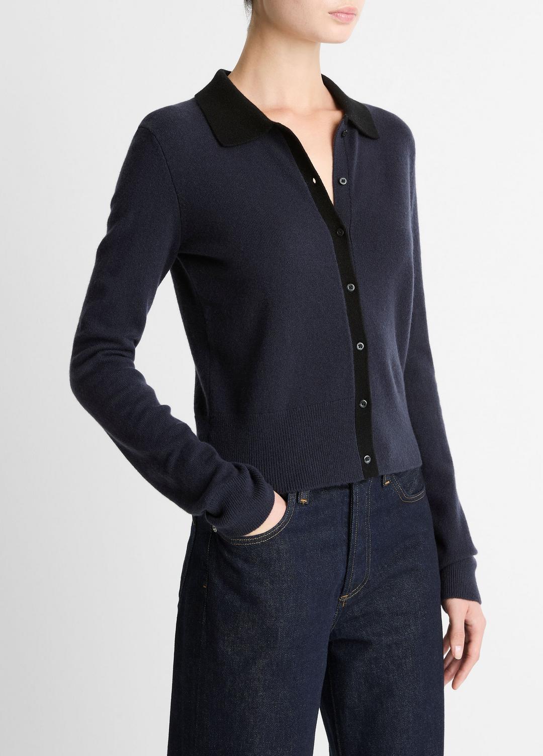 Contrast-Trim Wool & Cashmere-Blend Collared Cardigan in Cardigans NIGHT MARINE/BLACK | VINCE Women