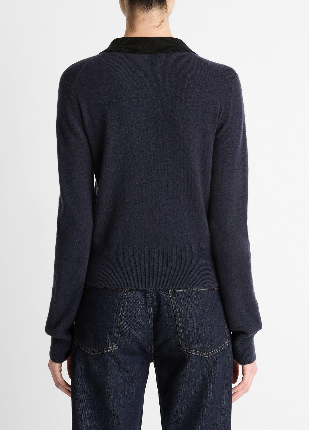 Contrast-Trim Wool & Cashmere-Blend Collared Cardigan in Cardigans NIGHT MARINE/BLACK | VINCE Women