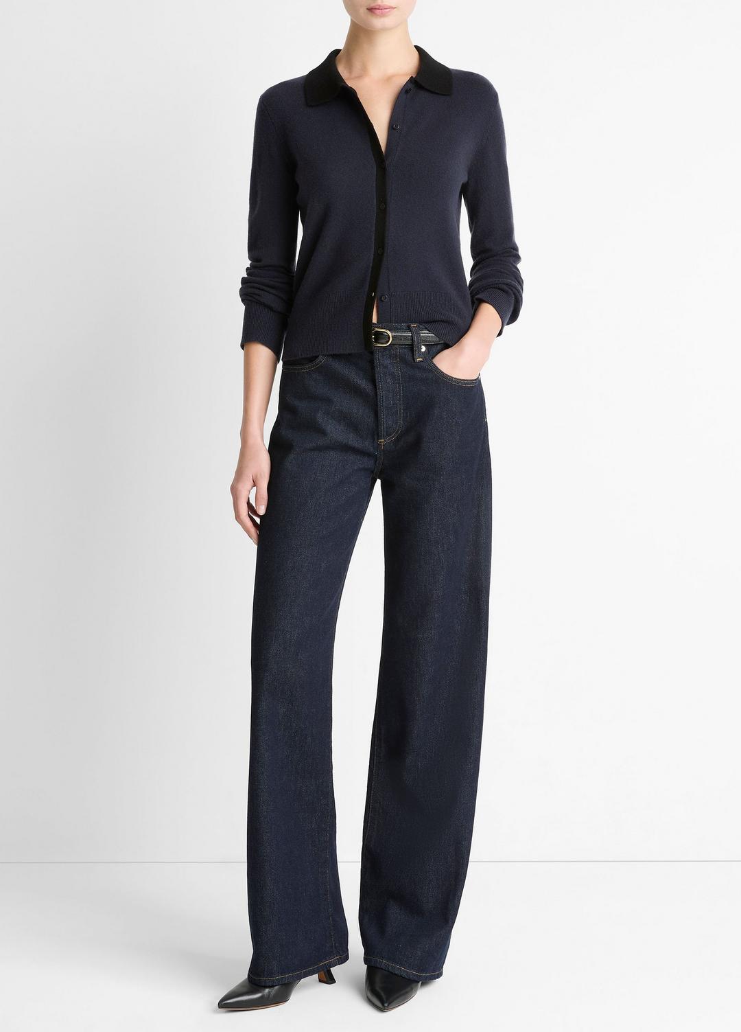Contrast-Trim Wool & Cashmere-Blend Collared Cardigan in Cardigans NIGHT MARINE/BLACK | VINCE Women