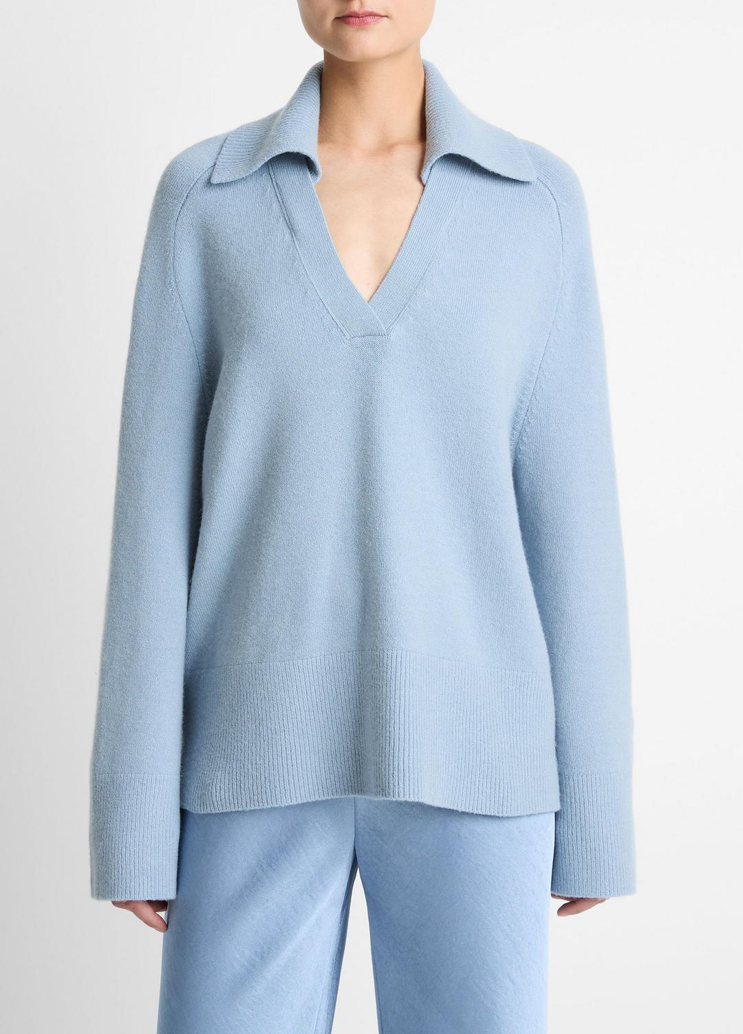 Wool & Cashmere-Blend Oversized Polo Sweater in V-Neck PACIFIC | VINCE Women