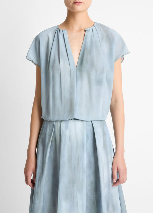 Washed Ombré Silk Gathered Cap-Sleeve Blouse in Short Sleeve AZURA WASH | VINCE Women