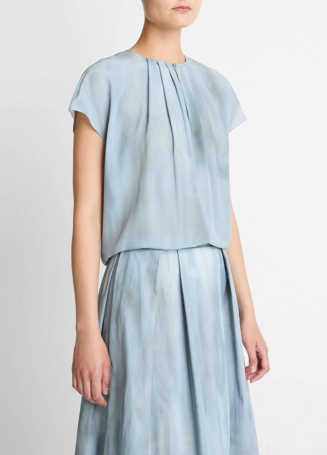 Washed Ombré Silk Gathered Cap-Sleeve Blouse in Short Sleeve AZURA WASH | VINCE Women