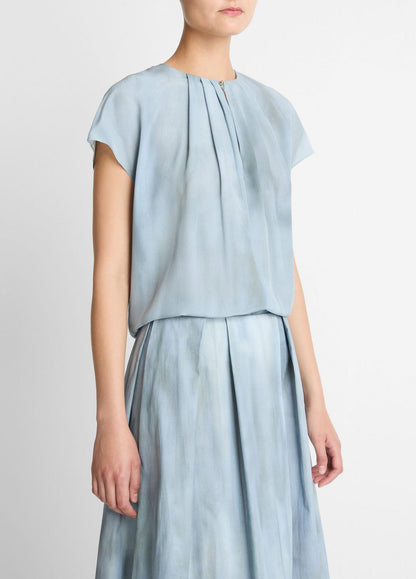 Washed Ombré Silk Gathered Cap-Sleeve Blouse in Short Sleeve AZURA WASH | VINCE Women